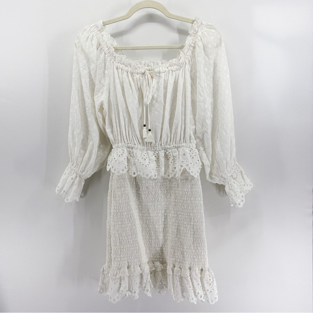 Spell & the Gypsy Daisy Chain Mini Dress White Eyelet Long Sleeve Ruched X-small
